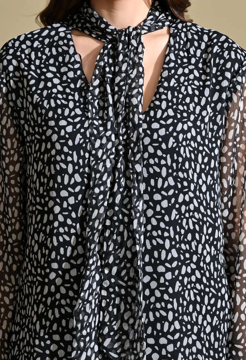 Women Black & White Printed Tie-Up Neck Sheer Sleeve Top