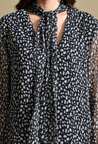 Women Black & White Printed Tie-Up Neck Sheer Sleeve Top