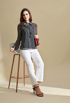 Women Black & White Printed Tie-Up Neck Sheer Sleeve Top