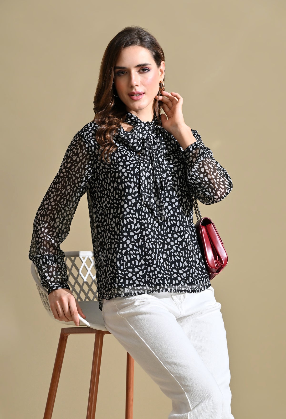 Women Black & White Printed Tie-Up Neck Sheer Sleeve Top