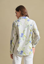 Women White Floral Printed Striped Shirt with Roll-Up Sleeves