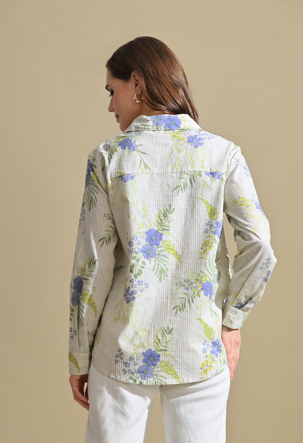 Women White Floral Printed Striped Shirt with Roll-Up Sleeves