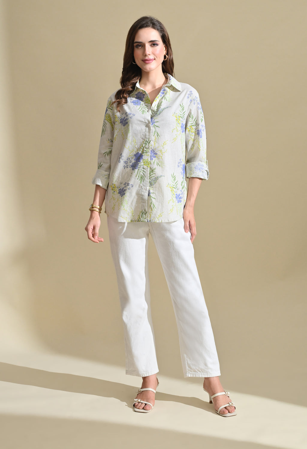 Women White Floral Printed Striped Shirt with Roll-Up Sleeves
