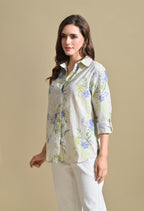 Women White Floral Printed Striped Shirt with Roll-Up Sleeves