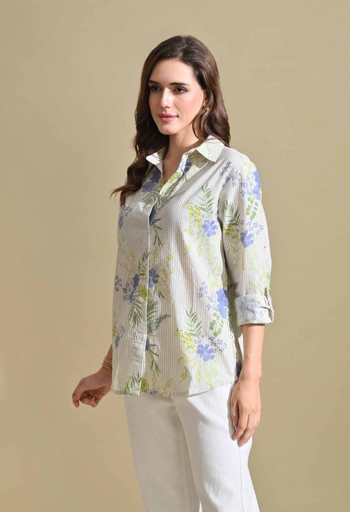 Women White Floral Printed Striped Shirt with Roll-Up Sleeves