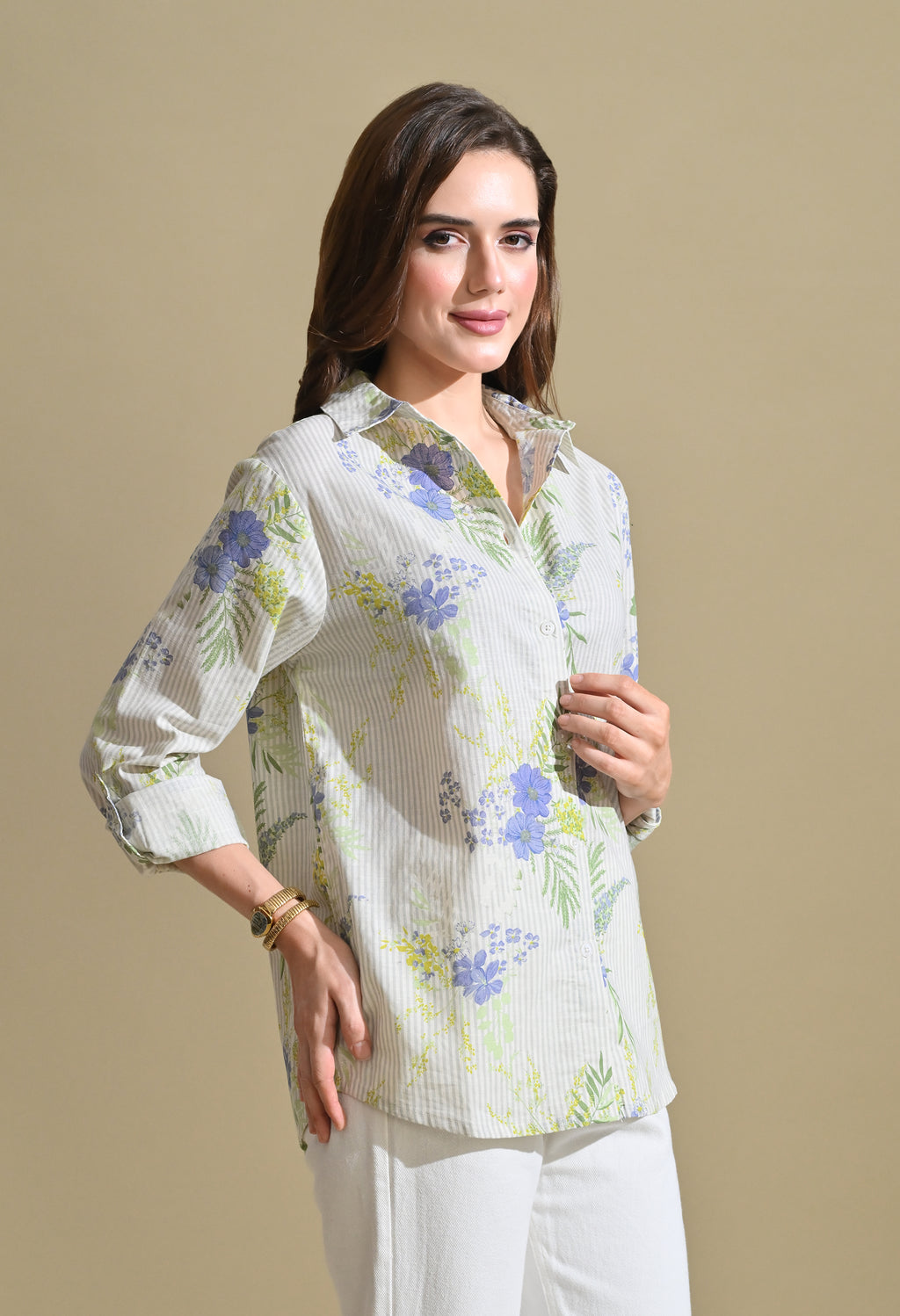 Women White Floral Printed Striped Shirt with Roll-Up Sleeves