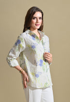 Women White Floral Printed Striped Shirt with Roll-Up Sleeves