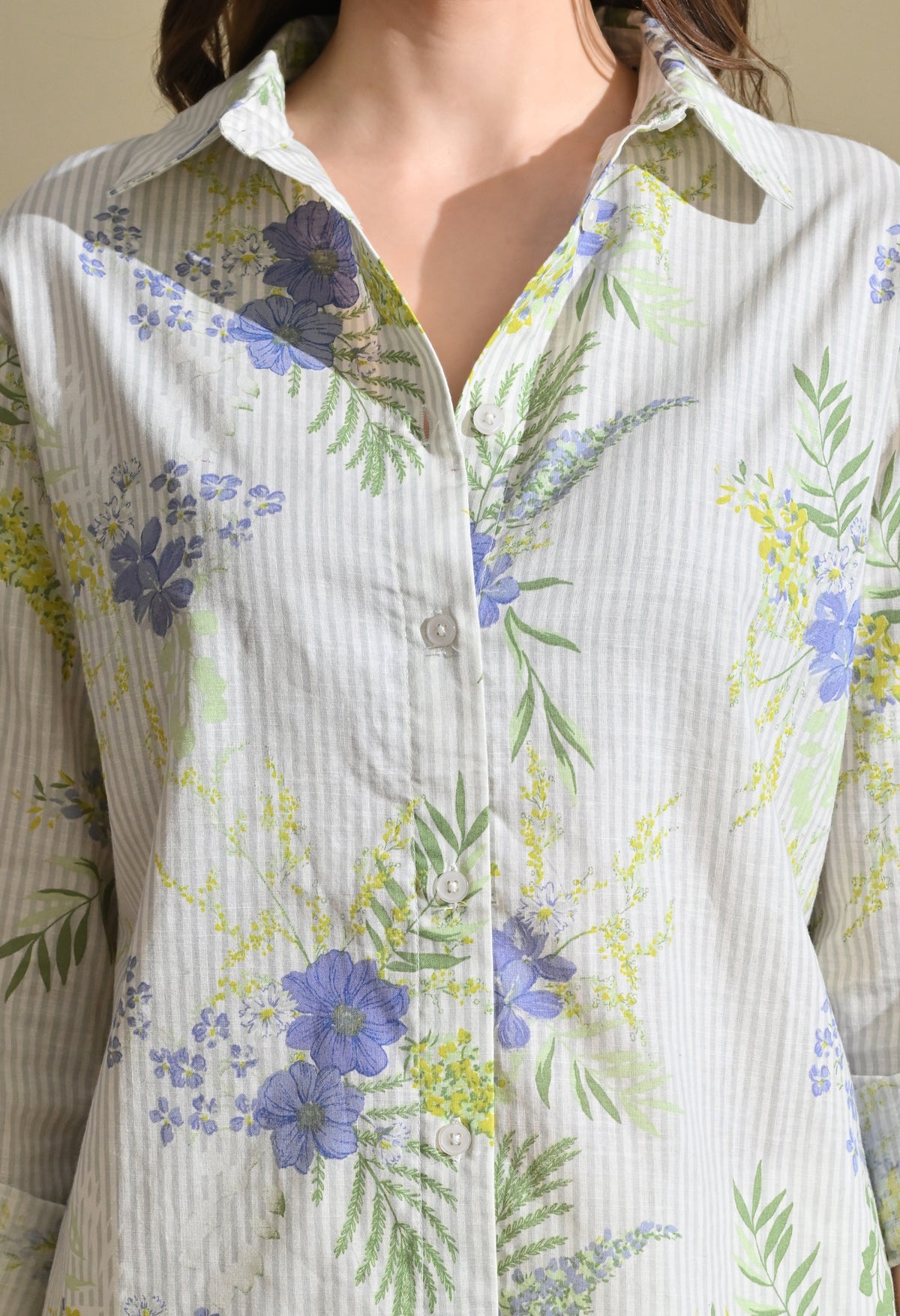 Women White Floral Printed Striped Shirt with Roll-Up Sleeves