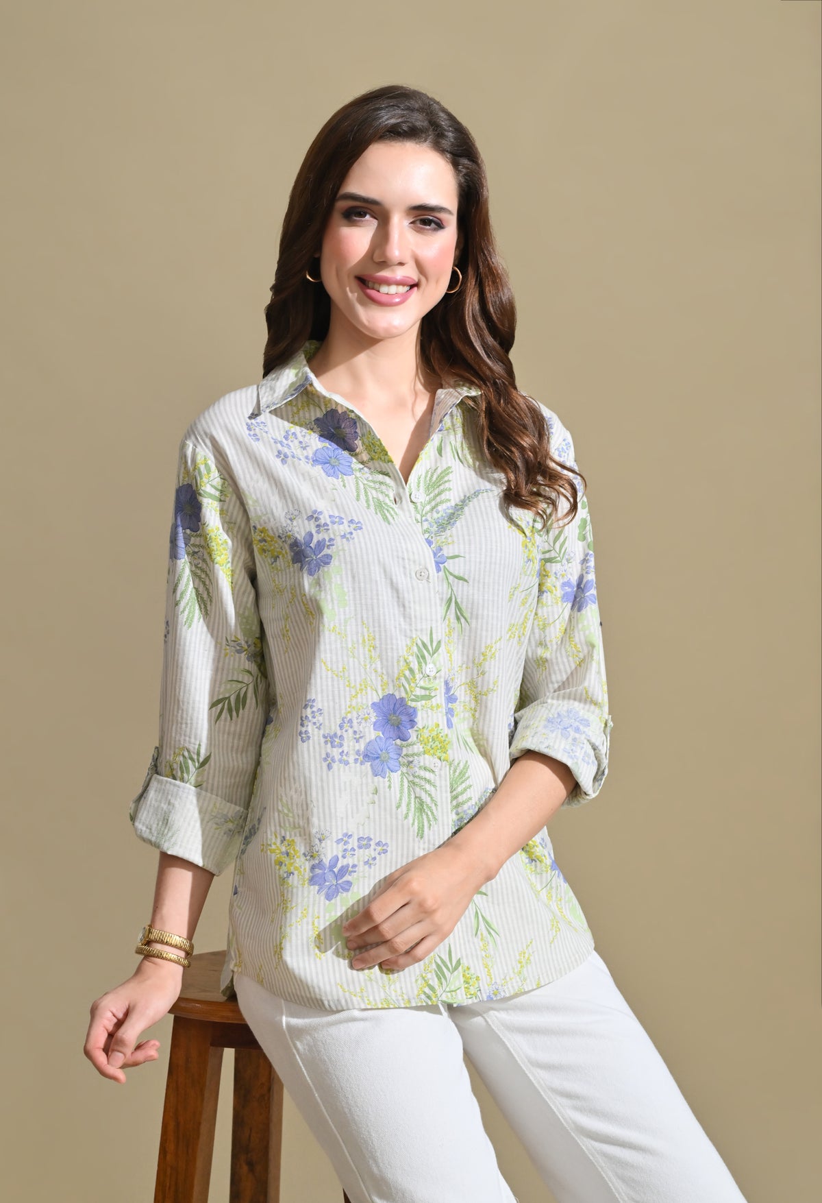 Women White Floral Printed Striped Shirt with Roll-Up Sleeves