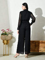 Womens Solid Black Button-Down Jumpsuit