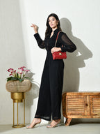 Womens Solid Black Button-Down Jumpsuit