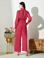 Womens Solid Fuchsia pink Button-Down Jumpsuit
