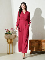 Womens Solid Fuchsia pink Button-Down Jumpsuit