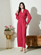 Womens Solid Fuchsia pink Button-Down Jumpsuit