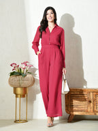 Womens Solid Fuchsia pink Button-Down Jumpsuit