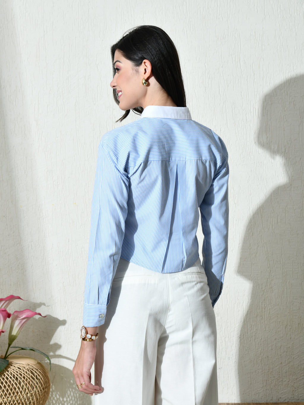 Blue White Cotton Cutaway Collar Long Sleeves Roll-Up Sleeves Striped Shirts