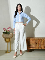Blue White Cotton Cutaway Collar Long Sleeves Roll-Up Sleeves Striped Shirts