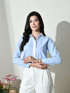 Blue White Cotton Cutaway Collar Long Sleeves Roll-Up Sleeves Striped Shirts