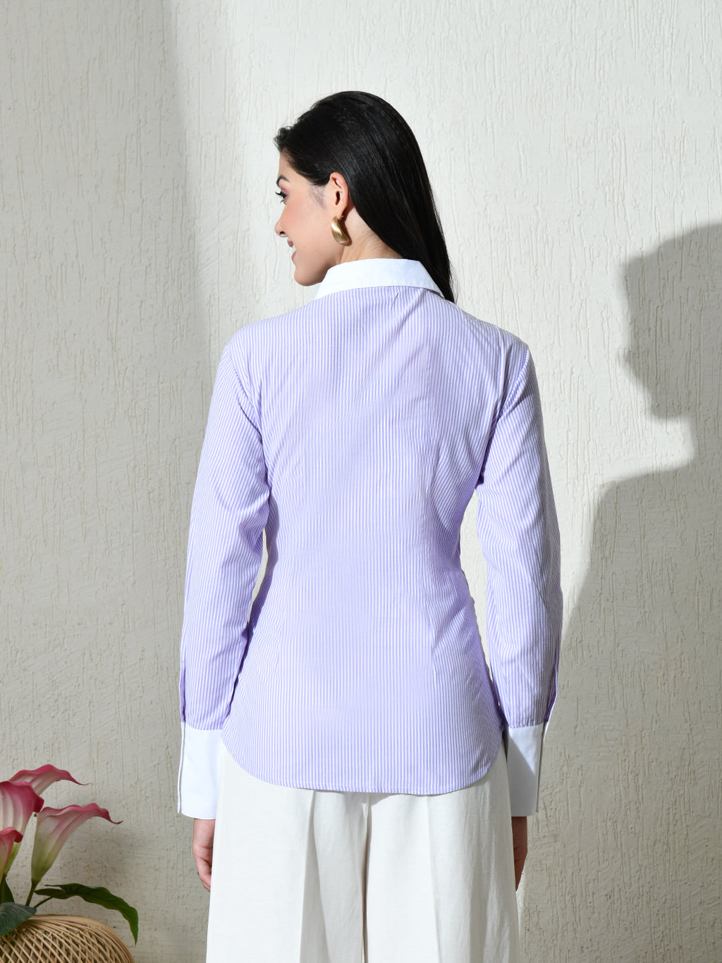 Purple White Cotton Cutaway Collar Long Sleeves Roll-Up Sleeves Striped Shirts