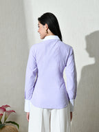 Purple White Cotton Cutaway Collar Long Sleeves Roll-Up Sleeves Striped Shirts