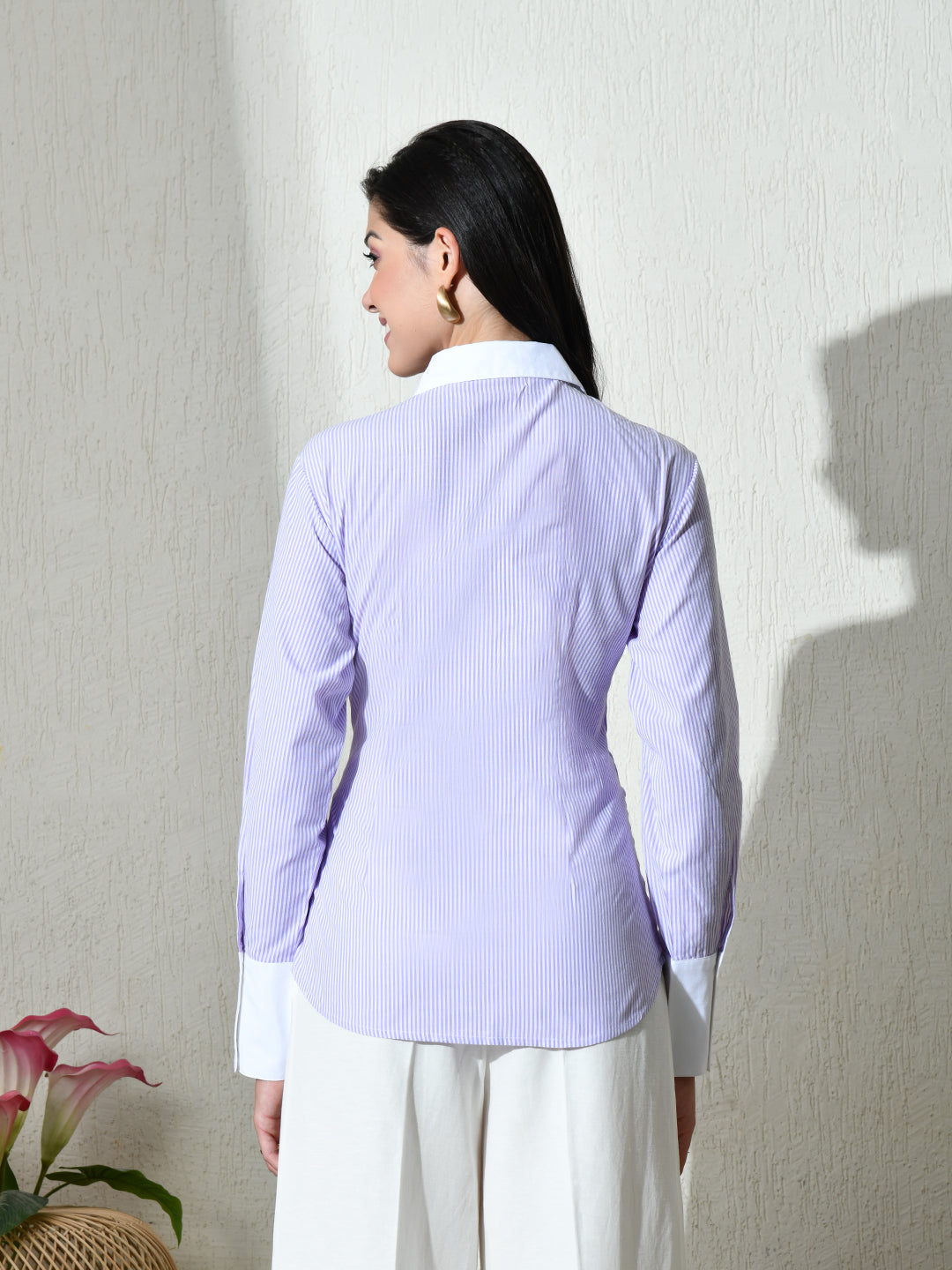Purple White Cotton Cutaway Collar Long Sleeves Roll-Up Sleeves Striped Shirts