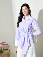 Purple White Cotton Cutaway Collar Long Sleeves Roll-Up Sleeves Striped Shirts