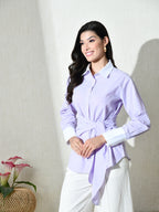 Purple White Cotton Cutaway Collar Long Sleeves Roll-Up Sleeves Striped Shirts