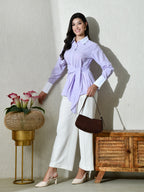 Purple White Cotton Cutaway Collar Long Sleeves Roll-Up Sleeves Striped Shirts