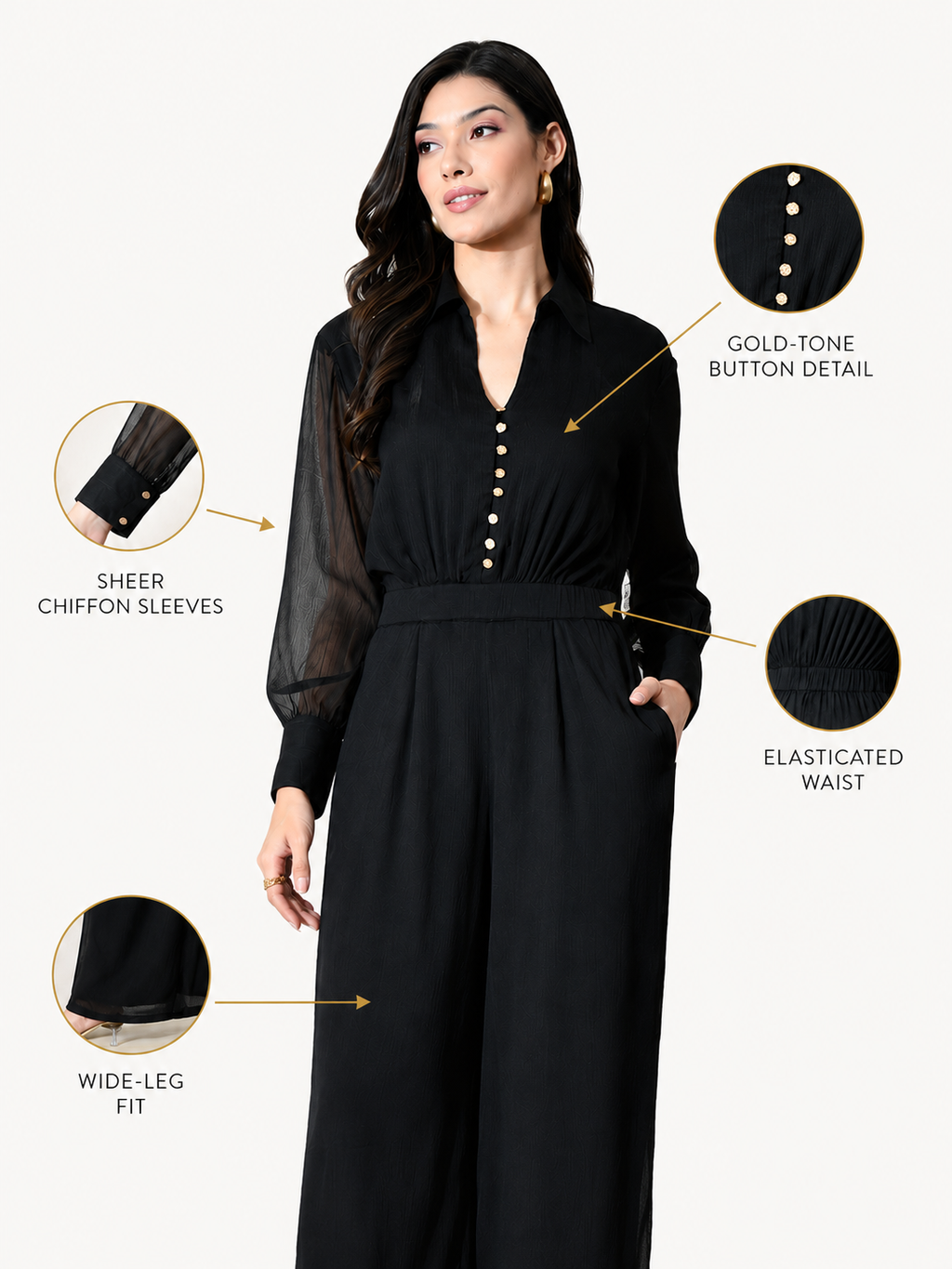 Womens Solid Black Button-Down Jumpsuit