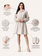 Women Beige Solid Shirt Collar Drawstring Waist Shirt Dress