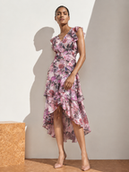 IKONIC KLAER Women Pink Floral Printed Wrap High-Low Midi Dress