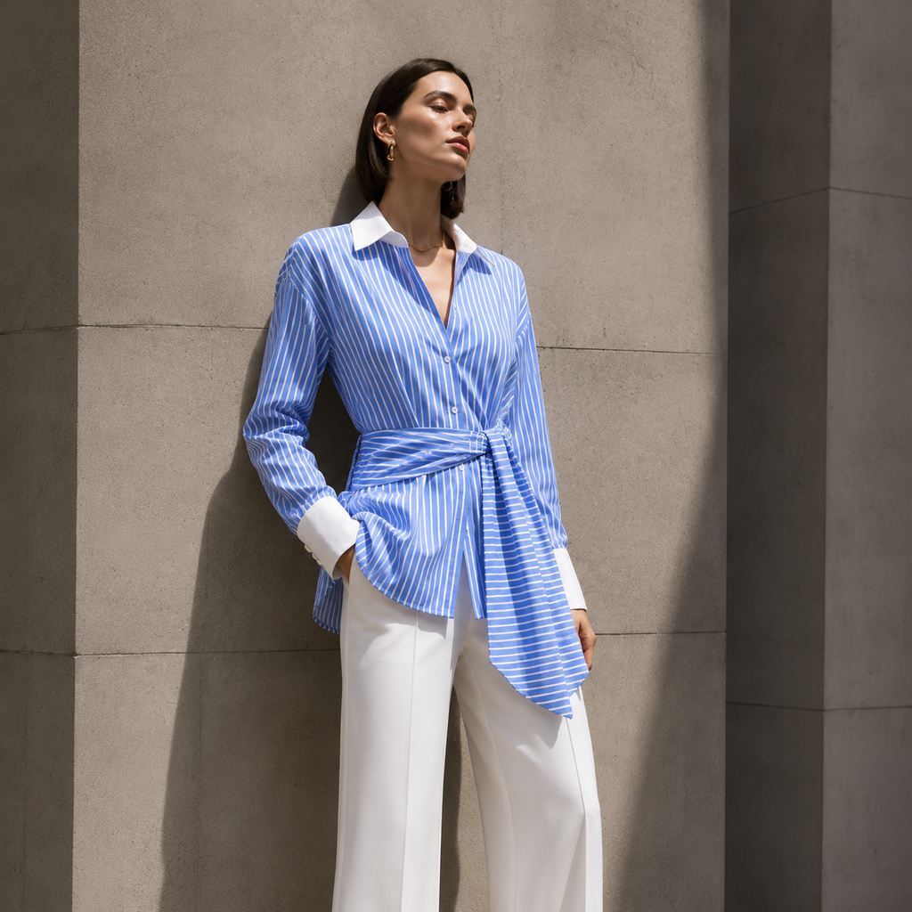 Blue striped shirt with white collar and waist tie, front view