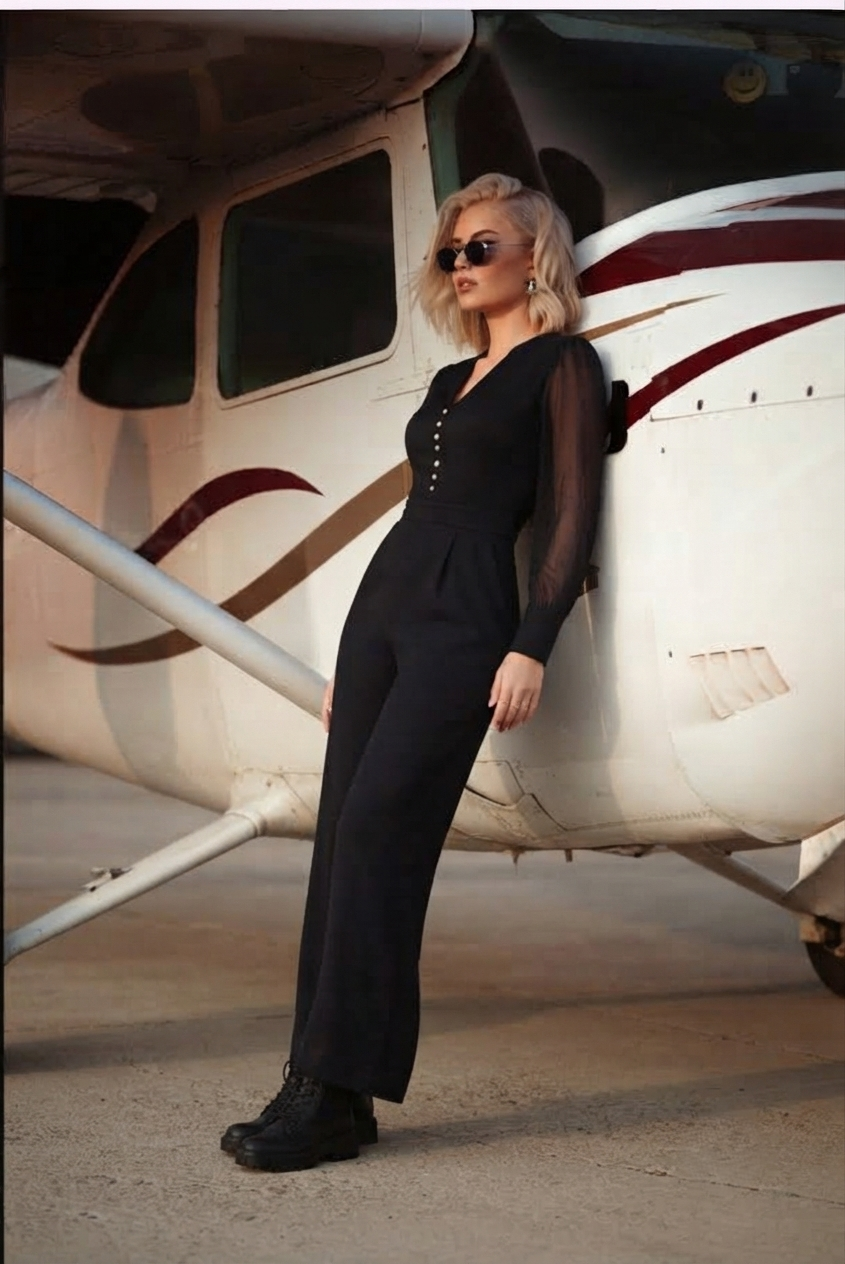 Womens Solid Black Button-Down Jumpsuit