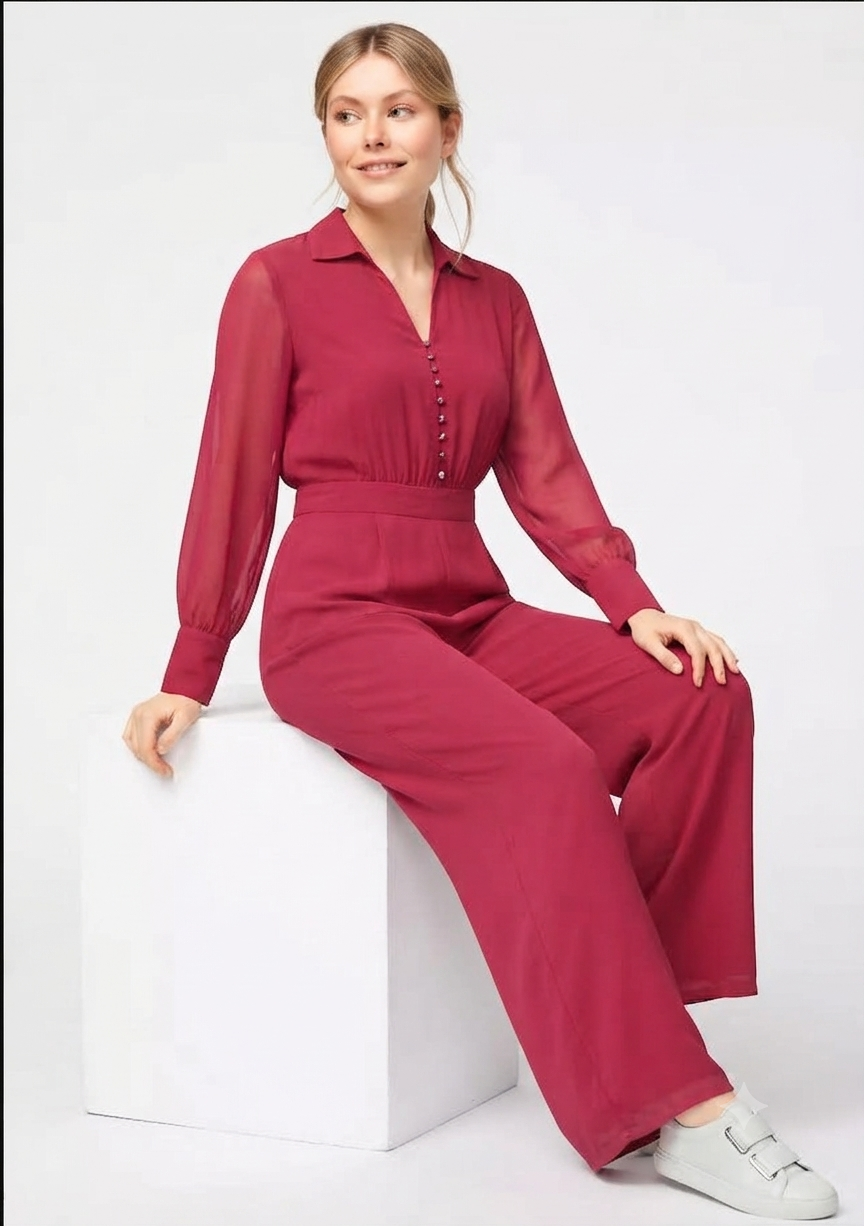 Womens Solid Fuchsia pink Button-Down Jumpsuit