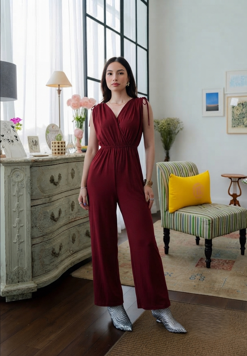Solid Wine V-Neck Jumpsuit