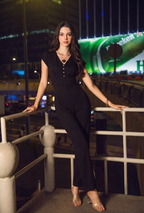 Solid Black button down V-Neck Jumpsuit