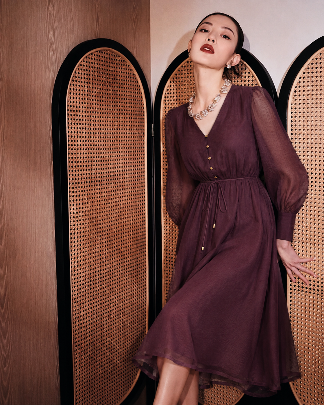 Women Purple Solid Long Sleeve Midi Dress