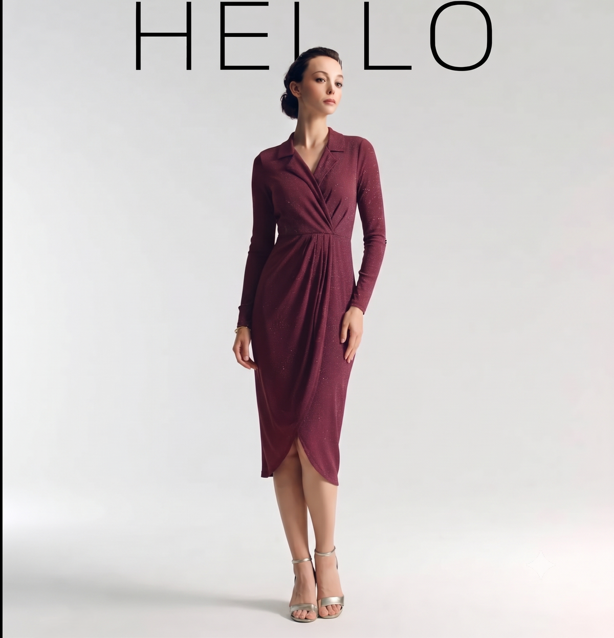Ikonic Klaer Women Solid Shimmer Wrap Midi Dress with Lapel Collar