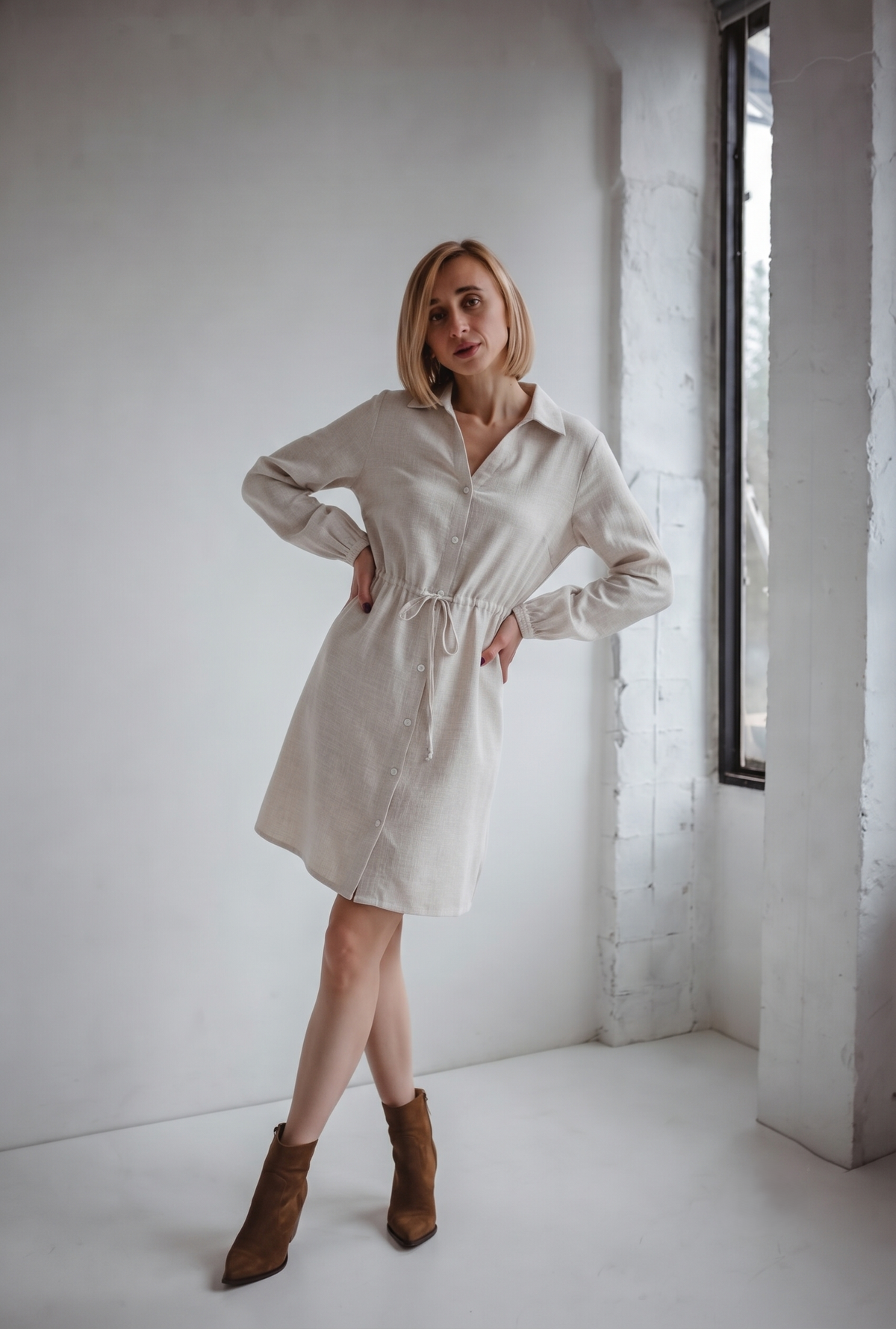 Women Beige Solid Shirt Collar Drawstring Waist Shirt Dress