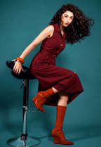 Women Burgandy Solid Shirt Collar Belted Fit & Flare Midi Dress