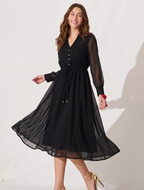 Women Black Solid V-Neck Tie-Up Waist Fit & Flare Midi Dress