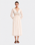 Women's Cream Self Design Lace Detail V-Neck Empire Midi Dress