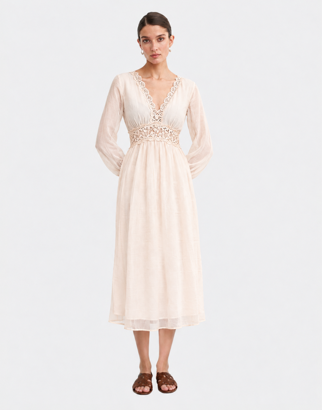 Women's Cream Self Design Lace Detail V-Neck Empire Midi Dress