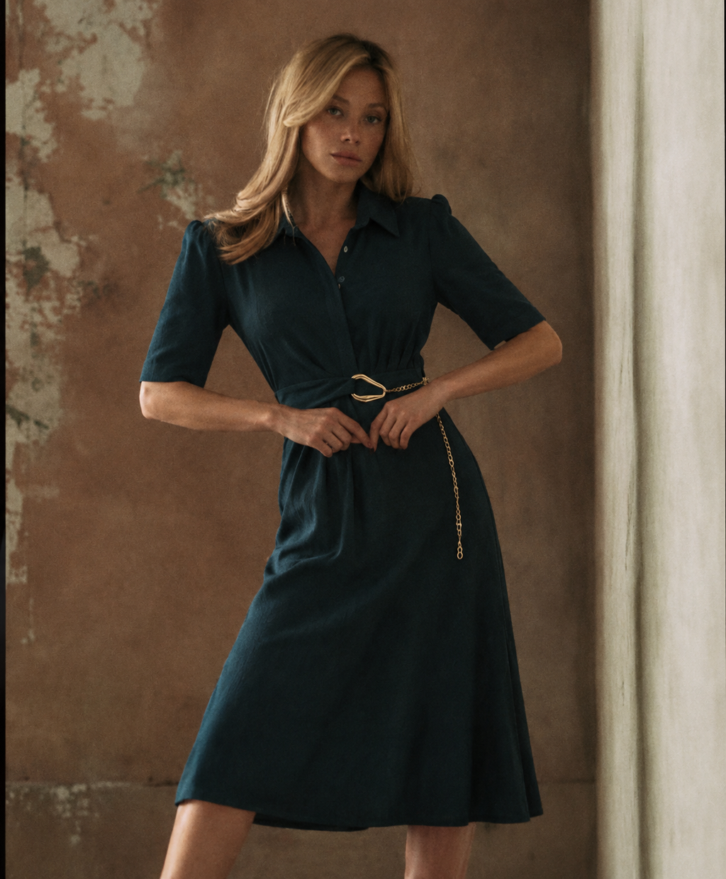 Women Solid Shirt Collar A-Line Midi Dress with Metal Chain Waist Detail