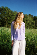 Lavender White Cotton Cutaway Collar Long Sleeves Roll-Up Sleeves Striped Shirts