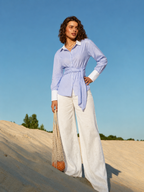 Blue White Cotton Cutaway Collar Long Sleeves Roll-Up Sleeves Striped Shirts