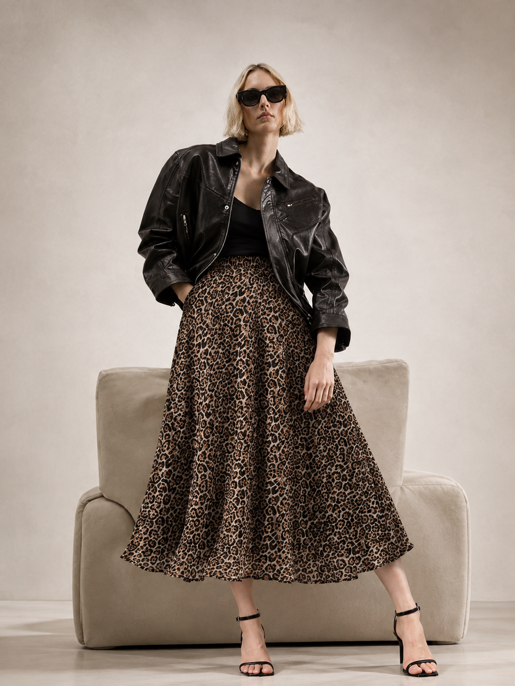 Women Brown & Black Animal Print A-Line Midi Skirt | Elasticated Waist | Flared Casual Skirt