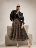 Women Brown & Black Animal Print A-Line Midi Skirt | Elasticated Waist | Flared Casual Skirt