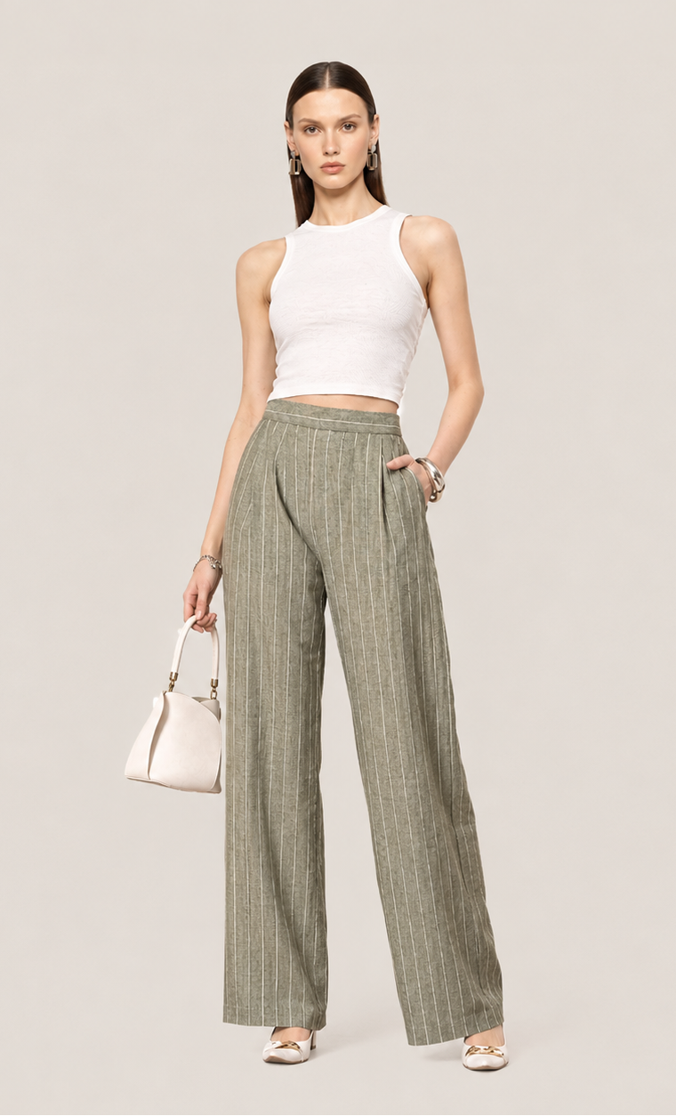 IKONIC KLAER Olive Green Pinstriped Wide Leg Trousers for Women