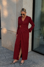IKONIC KLAER Women Burgandy Solid Wrap Style Midi Dress with Metal Buckle Detail
